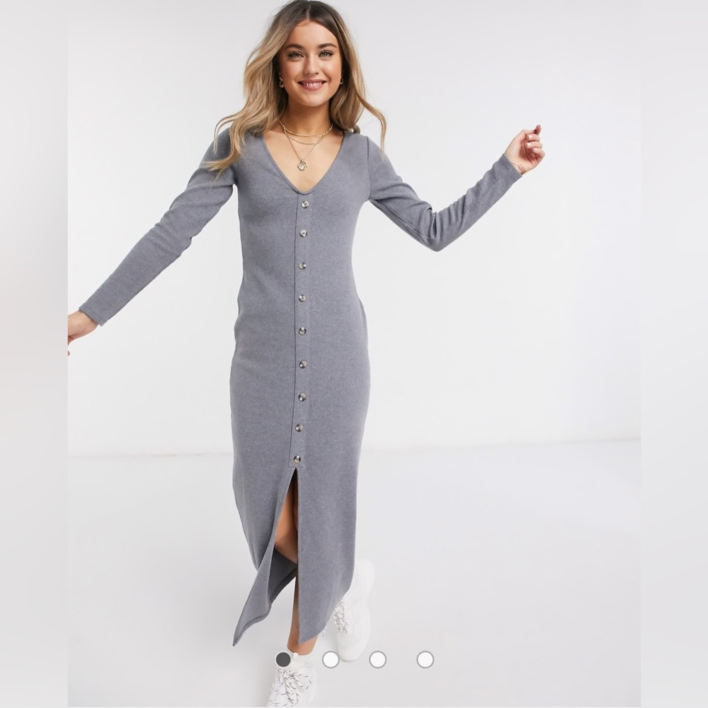 NEW ASOS brand new waffle button through maxi long sleeve dress in grey  US 4